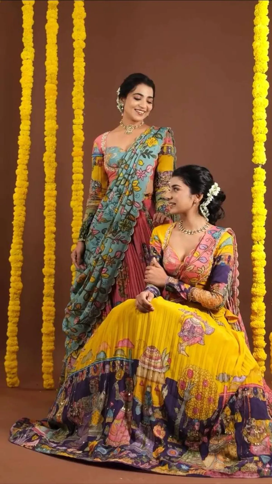 Kalamkari Floral Lehenga Choli With Dupatta.