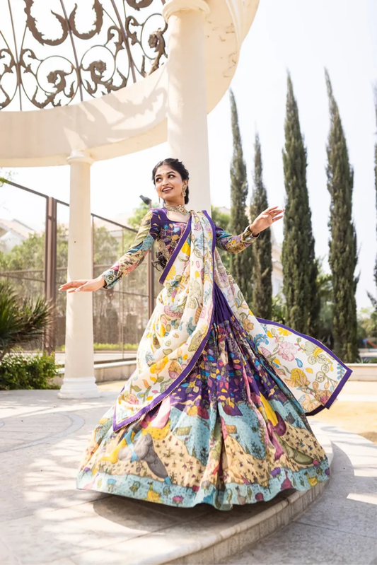 Ethnic Kalamkari Lehenga with Intricate Nature-Inspired Patterns.