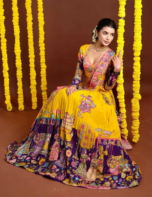 Yellow & Purple Pen Kalamkari Lehenga